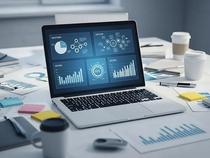 A laptop on a busy desk showing a dashboard of charts and network diagrams